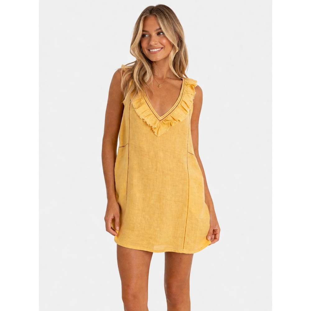 Faherty Ellis 100% Linen Mini Dress Jojoba Yellow Linen Ruffle V-Neck Shift S